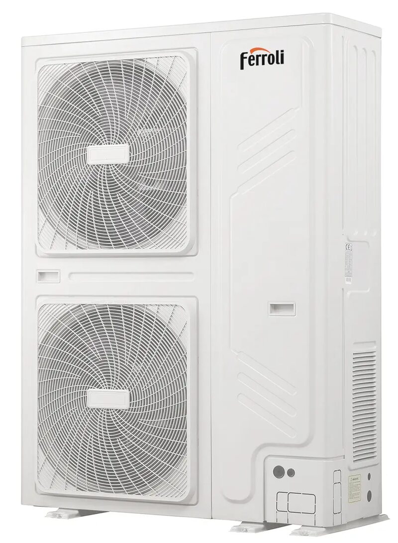 A white Ferroli OMNIA M monobloc air source heat pump unit with two fans, shown on a plain background