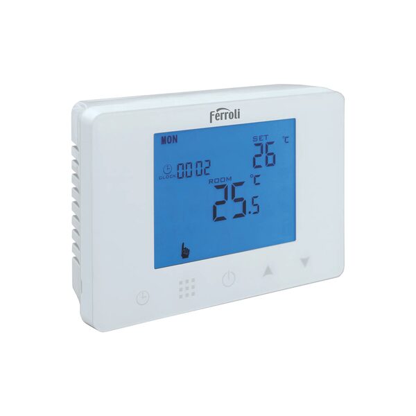 A white Ferroli digital room thermostat with a blue backlit display showing set and room temperatures