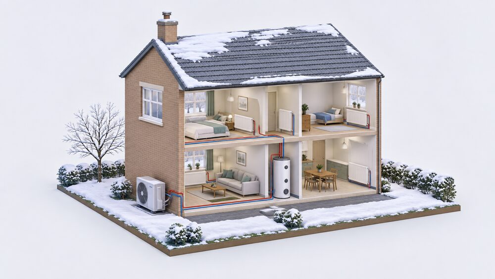 A cutaway UK house in winter with an air source heat pump unit standing outside on the ground beneath a first-floor bedroom window, connected through the wall to radiators in the rooms and to a hot water cylinder, all shown in a simple cross-section.