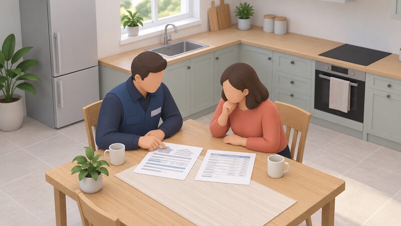 An installer and a householder sit at a kitchen table reviewing printed survey sheets showing a heat loss calculation and an emitter schedule, with blank line blocks standing in for figures, in a home kitchen setting.