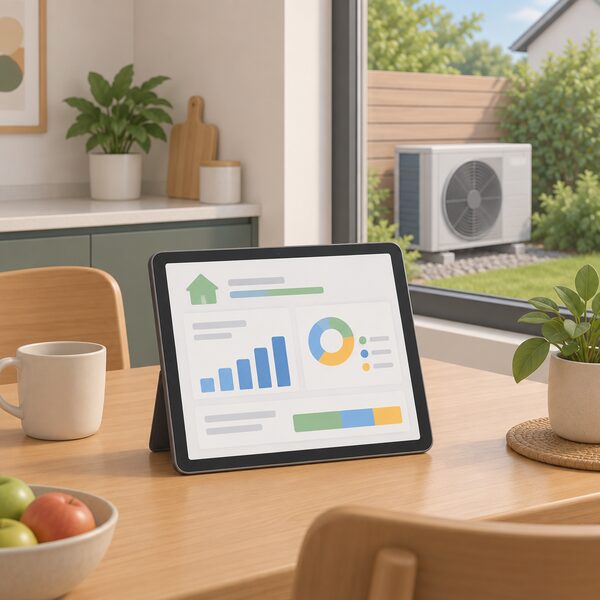 A tablet propped on a kitchen table in a home, its screen showing a simplified energy portal with plain colour blocks and bars for bills and usage, with a heat pump unit visible through a window behind it.