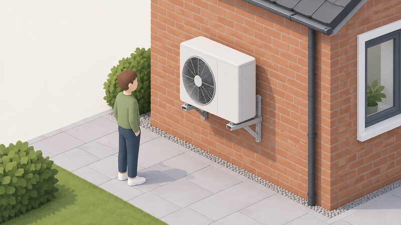 A plain white outdoor air source heat pump unit mounted on a wall bracket fixed to the exterior brick wall of a house, shown from outside with a small isometric figure standing beside it looking at the installation.