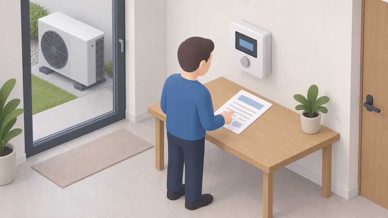 A heat pump commissioning certificate lying on a table beside the wall-mounted heat pump controller, whose screen shows the design flow temperature setting as a plain block, with a simplified figure checking the two against each other.