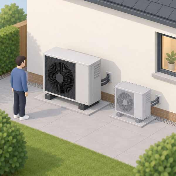 A monobloc air source heat pump unit standing on the ground against the outside wall of a house, with generous clear space around it, shown beside a smaller unit outline to indicate that the larger 11kW-sized unit needs noticeably more wall space and clearance.