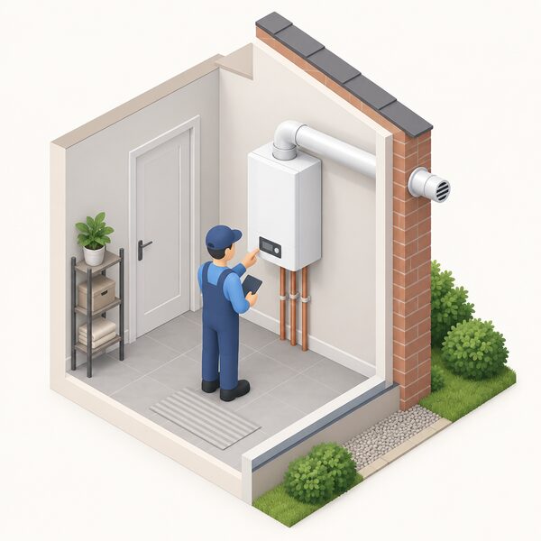 A wall-mounted gas combi boiler installed indoors on a plain wall, with a small isometric figure checking it, and its horizontal flue duct passing through the outside wall to a terminal outside, shown in a cutaway view suggesting a hybrid backup role.