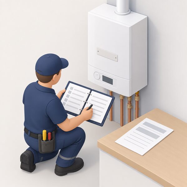 A small isometric installer figure kneels beside a newly fitted wall-hung boiler, holding open a benchmark logbook on a clipboard next to commissioning paperwork on a work surface, with the boiler's serial number plate shown as a blank label.
