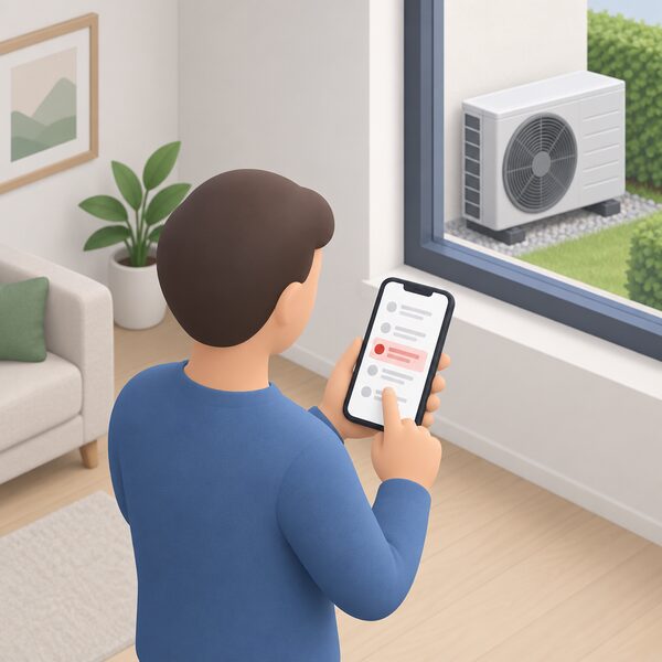 A simplified person stands indoors holding a smartphone whose screen shows the manufacturer's heating app with a fault log open and a plain highlighted block indicating a heating blocked message, with the outdoor heat pump unit visible through a window.