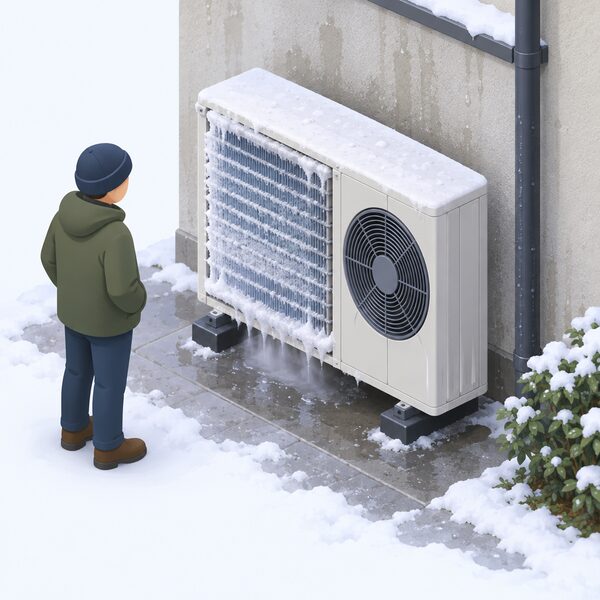 A close-up of an outdoor air source heat pump unit on a cold damp wall, its coil and fins rimed with white frost, with a small isometric figure standing beside it observing the frost as the unit runs its defrost cycle.