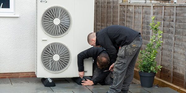 Two installers fitting a large white air source heat pump unit outside a house on a paved patio