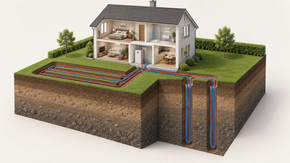 A cutaway house with a ground source heat pump unit indoors connected by a sealed pipe circuit that runs out through the wall and underground, shown both as straight pipe in shallow horizontal trenches across the garden and as deep vertical boreholes beneath the lawn.
