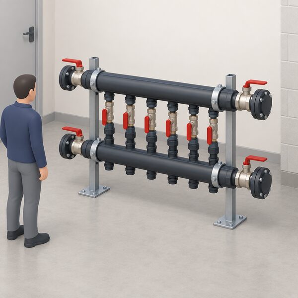 A ground array brine manifold with header pipes and isolation valves standing indoors on a plant-room floor, not yet connected to the ground loop pipes or the heat pump, shown as a clean assembled unit ready for installation.