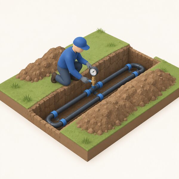 An installer in plain work clothing kneels beside an open trench at a ground source heat pump site, checking a pressure gauge fitted on the exposed brine loop pipework laid in the trench, with the trenches still open and awaiting backfill.