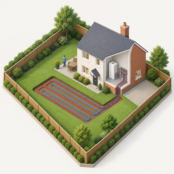 A simple detached house with its garden grounds shown as a clearly bounded plot, with a ground source heat pump installation within the garden, including ground loops buried in the lawn and an indoor unit connected to the house.