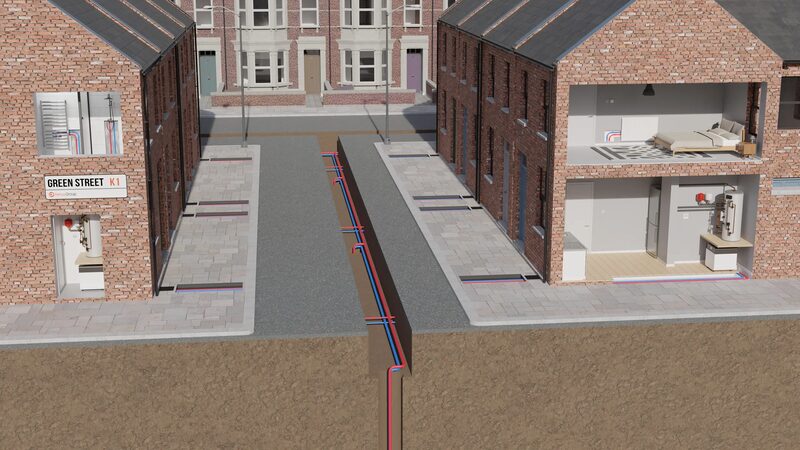 A 3D cutaway illustration of terraced houses connected to a shared ground array network of heat pump pipework running under the street and into each home