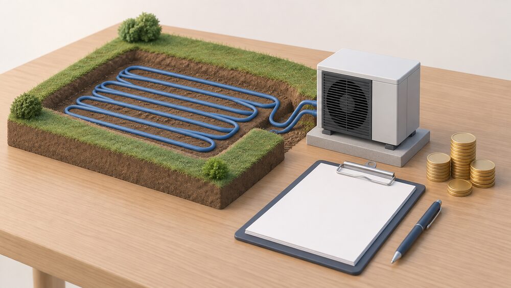 A small model of a ground array of coiled pipes laid in a shallow trench beside a compact heat pump box, with blank paperwork, a clipboard and a stack of coins arranged on a table to suggest an installer's quote with an upfront discount.