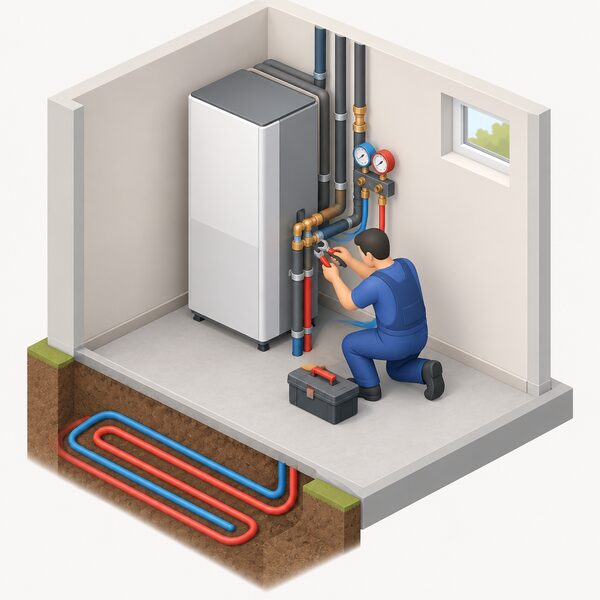 An installer in plain work clothing kneels beside an indoor ground source heat pump unit, using tools on its pipework and connections, with the ground loop pipes entering the unit and a commissioning gauge set attached, shown in a simple cutaway of a home utility space.