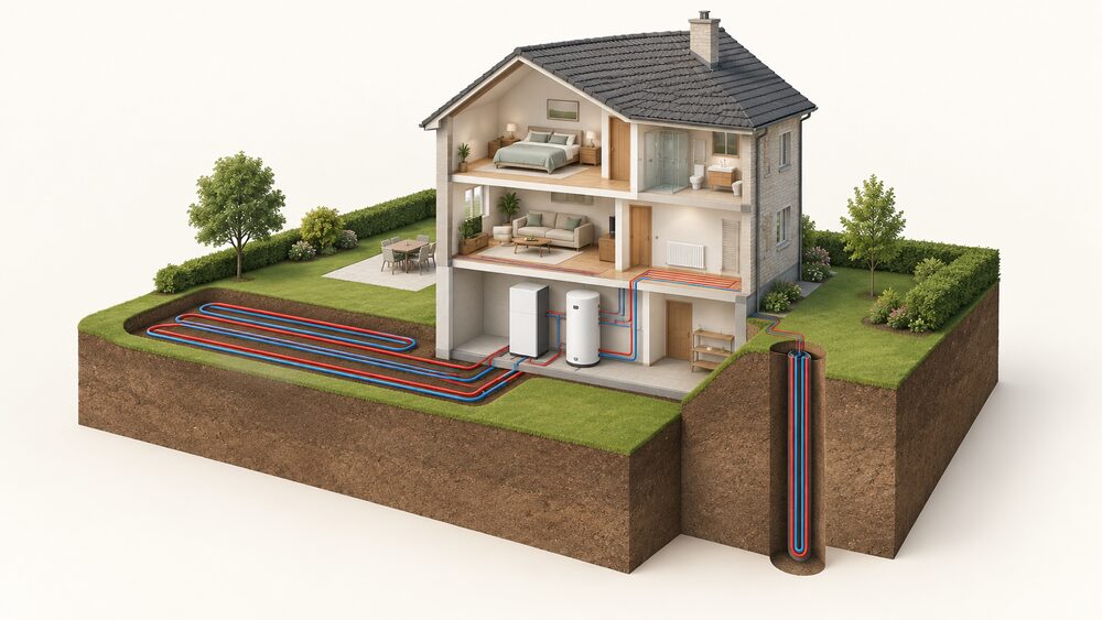 A cutaway house and garden showing a buried ground loop pipe in a shallow horizontal trench and a deep vertical borehole outside, with an indoor ground source heat pump unit the size of a fridge-freezer and a hot water cylinder inside the home, connected by pipes.