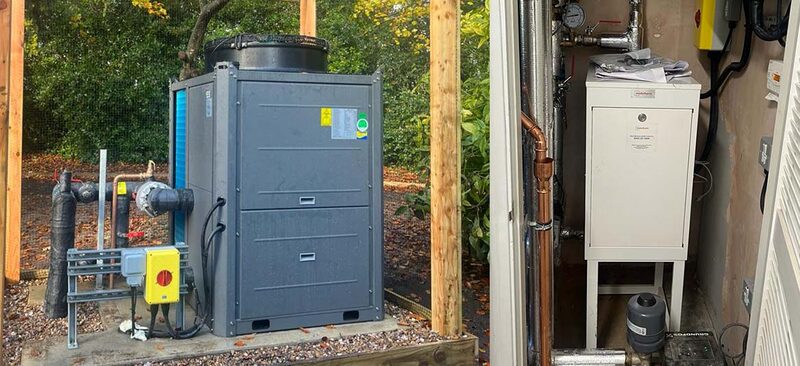 A split image showing an air source heat pump unit outdoors next to its indoor cylinder and plumbing installation inside a plant room