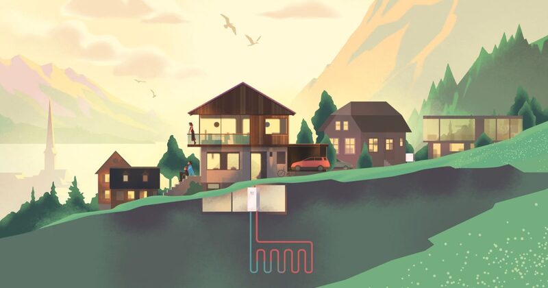 An illustration of houses on a hillside with a cutaway showing a ground-source heat pump and buried loop pipes underground