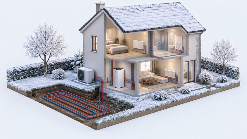 A cutaway of a house in winter showing an air source heat pump fan unit standing on the ground outside an external wall, while in the garden beside it a loop of buried ground source pipes runs through the soil down to a ground source heat pump unit inside the home.