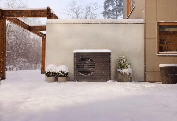 An Aira air source heat pump outdoor unit installed against a house wall in a snowy garden, flanked by potted plants