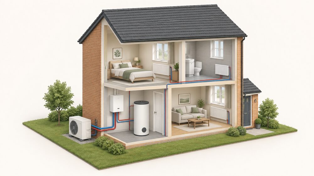 A cutaway of a small house showing a Hydrosplit-style air-to-water heat pump: the outdoor fan unit stands on the ground outside an external wall, an indoor unit connects through the wall to a hot water cylinder standing on the floor inside, with radiators fed in the rooms.