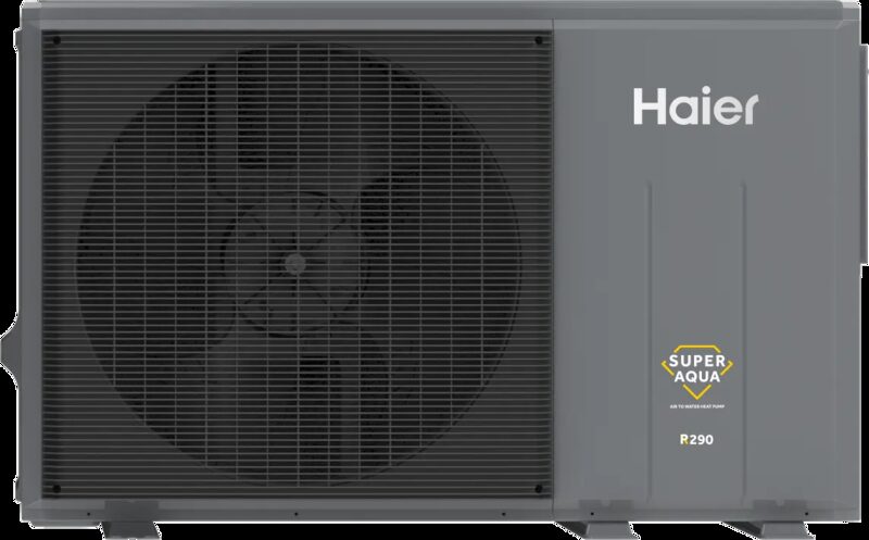 A grey Haier Super Aqua R290 air-to-water heat pump outdoor unit with a large fan grille