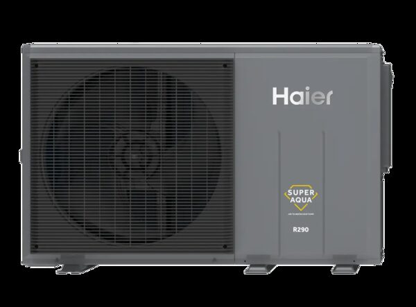 A grey Haier Super Aqua R290 monobloc air-to-water heat pump unit with a large fan grille, shown on a white background