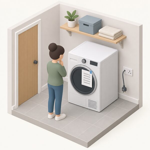 A heat pump tumble dryer standing unplugged against the wall of a small utility room, with a plain safety notice sheet attached to its front door by a corner, its switch turned off and a simplified householder figure standing beside it reading the notice.