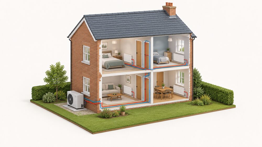 A cutaway UK house with an air source monobloc heat pump unit standing outside on the ground, its fan grille facing outward, water pipework running from the unit through the external wall into the house and connecting to radiators in the rooms.