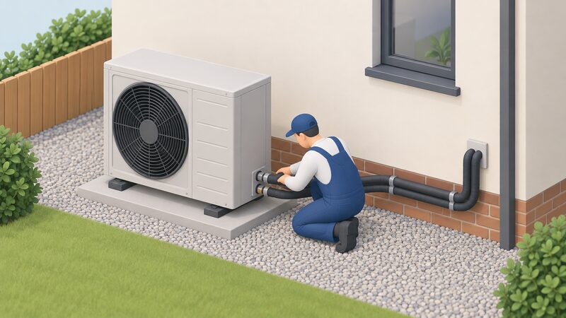 An installer in overalls kneels beside an outdoor monobloc heat pump unit on an exterior house wall, connecting insulated flow and return water pipework at its base, with the pipework running toward the house wall.
