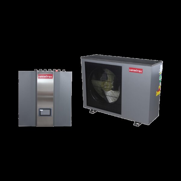 A Harnitek monobloc air source heat pump outdoor unit shown alongside its matching indoor hydraulic unit on a white background