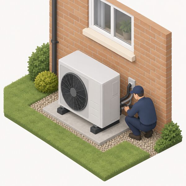 A single air source heat pump outdoor unit on a concrete pad against the external wall of a modest British house, with a small simplified isometric figure of an installer crouched beside it checking the refrigerant pipework that runs through the wall into the home.