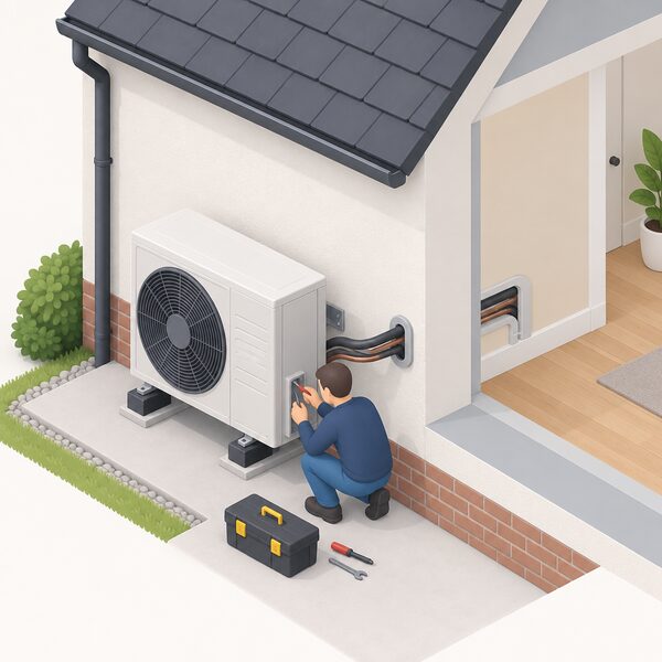 An installer in plain clothing fixing an air source heat pump outdoor unit on the outside wall of a house, with a pipe running through the wall into the home, showing the installation work the quoted cost figures cover.