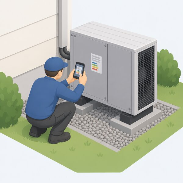A small isometric figure crouches behind an outdoor heat pump unit at installation, photographing the rating plate on the unit's back panel with a phone, the plate shown as a small plain rectangle with blank lines and colour bands.