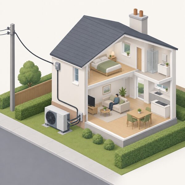 An isometric view of a house with a Harnitek heat pump outdoor unit on the ground outside, connected to the house by insulated pipework and an electrical cable, with a gas meter box shown removed or absent, and a simplified electricity supply cable arriving from the grid to power the home.