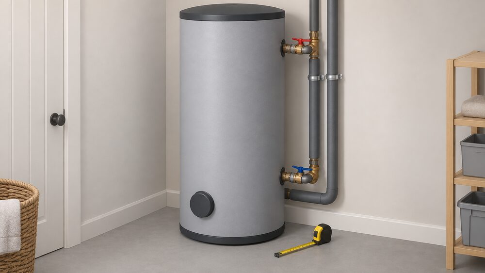A tall insulated heat battery thermal store standing indoors in a utility space, shown close up with its insulated casing, connected flow and return heating pipework and valves, with a tape measure on the floor beside it to suggest the tight space it fits into.