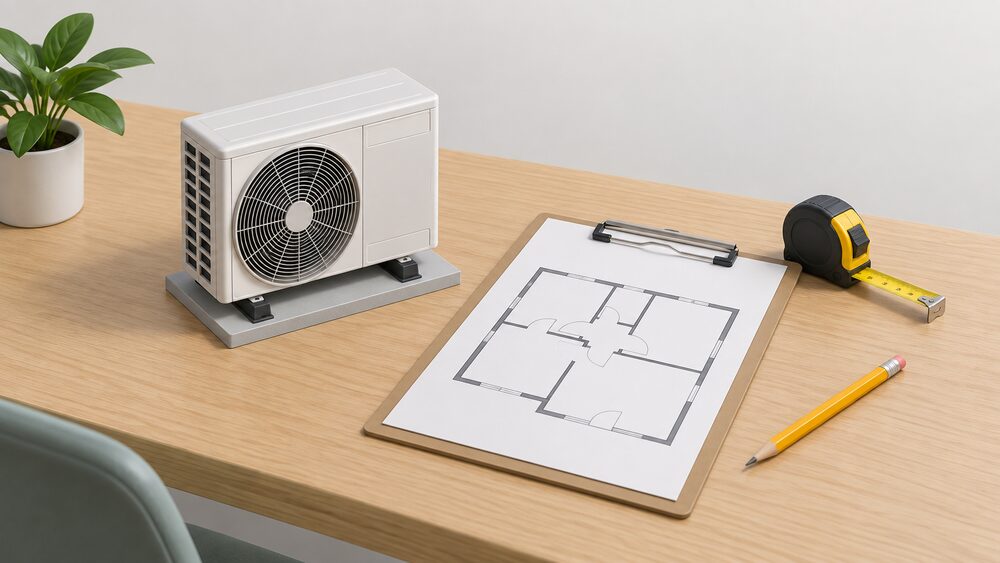 A small model of an outdoor air source heat pump unit stands on a table beside a clipboard holding a blank floor-plan survey sheet, a tape measure and a pencil, suggesting the room-by-room heat loss survey done before a quote.