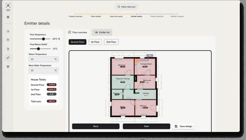 Screenshot of Aira heat pump design software showing emitter details with floor plan and heat loss totals