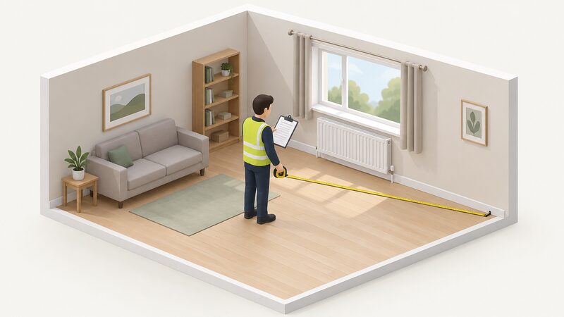 A surveyor with a tape measure stands in a simply furnished room, measuring the floor while noting the window dimensions on a clipboard, with a radiator visible under the window as part of the room-by-room heat loss survey.