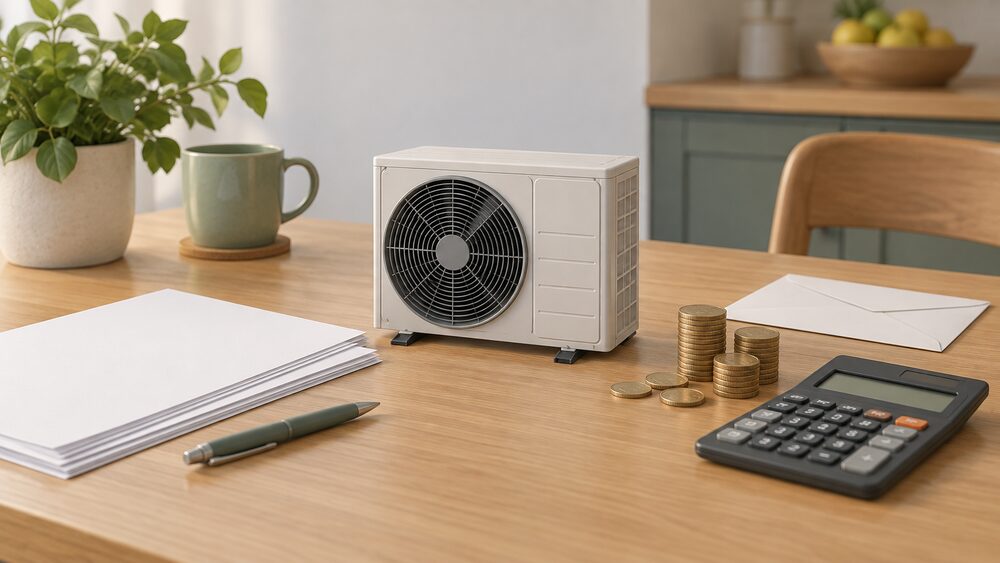 A small model of an air source heat pump fan unit stands on a kitchen table beside blank paperwork, a calculator, a stack of coins and a plain envelope, suggesting a household weighing up heating bills.
