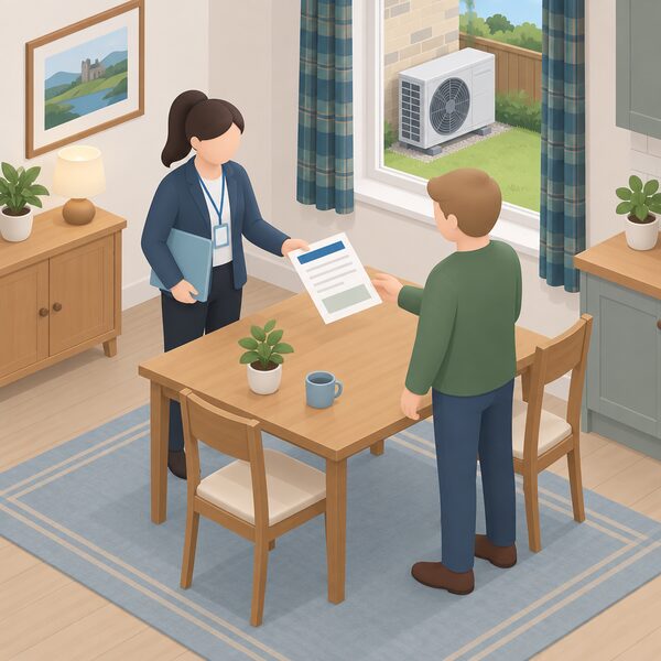 A homeowner stands at a table in a Scottish home receiving a printed grant application document from an adviser, with a heat pump unit visible outside the window, the paperwork shown with blank lines and plain colour blocks only.