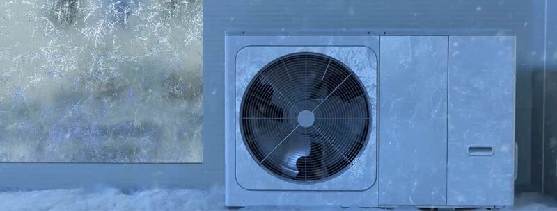 An air source heat pump outdoor unit standing in snowy winter conditions next to a frosted window