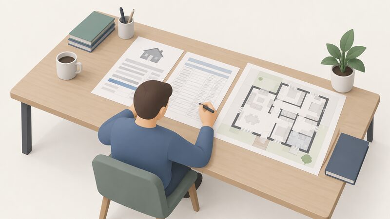 A competent person at a desk studies a printed heat loss calculation sheet and a radiator schedule laid out beside a house floor plan, sizing the heat pump against the design condition for the home.