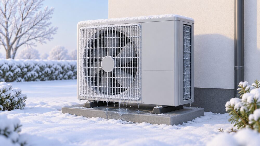A close-up of an air source heat pump outdoor unit standing outside a house on a frosty winter day, with visible frost forming on its coil and grille, a fan behind a protective grille, and melting frost dripping to a drained base below.