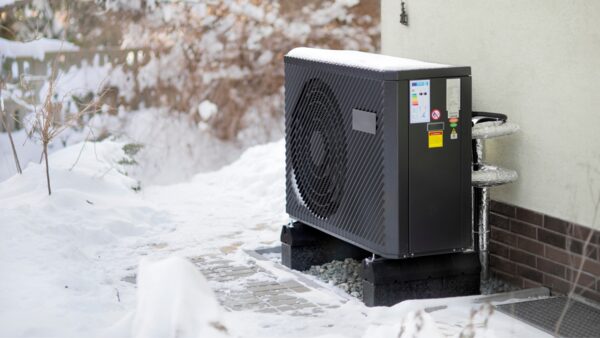 A dark grey air source heat pump unit installed outside a house in snowy winter conditions