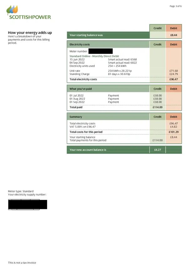 Page 3 of a ScottishPower electricity bill showing electricity costs, payments and account balance summary