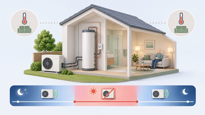 A simplified house with an outdoor heat pump unit connected to an indoor hot water cylinder, beside a timeline strip showing the heat pump switched off during a shaded peak period and running again to reheat the cylinder in an off-peak period.