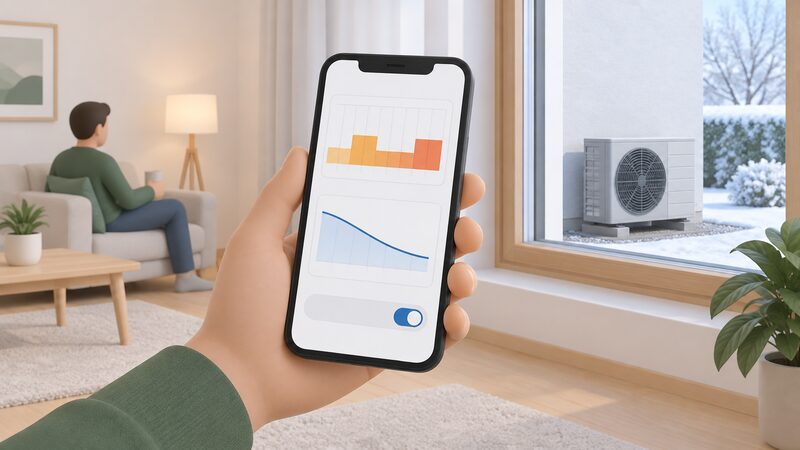 A hand holds a smartphone showing a heat pump heating schedule and a weather compensation curve as plain blocks and a simple line, with a heat pump outdoor unit visible through a window of the home behind.