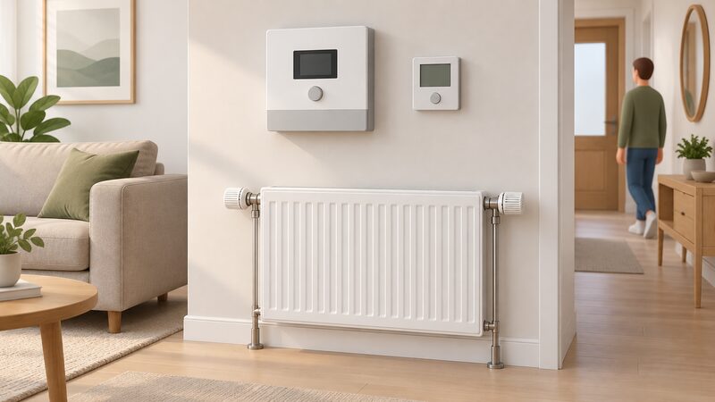 An interior wall in a home showing a wall-mounted heat pump controller and a room thermostat side by side, with a nearby radiator fitted with thermostatic radiator valves at its inlet, all as parts of one heating control layer.
